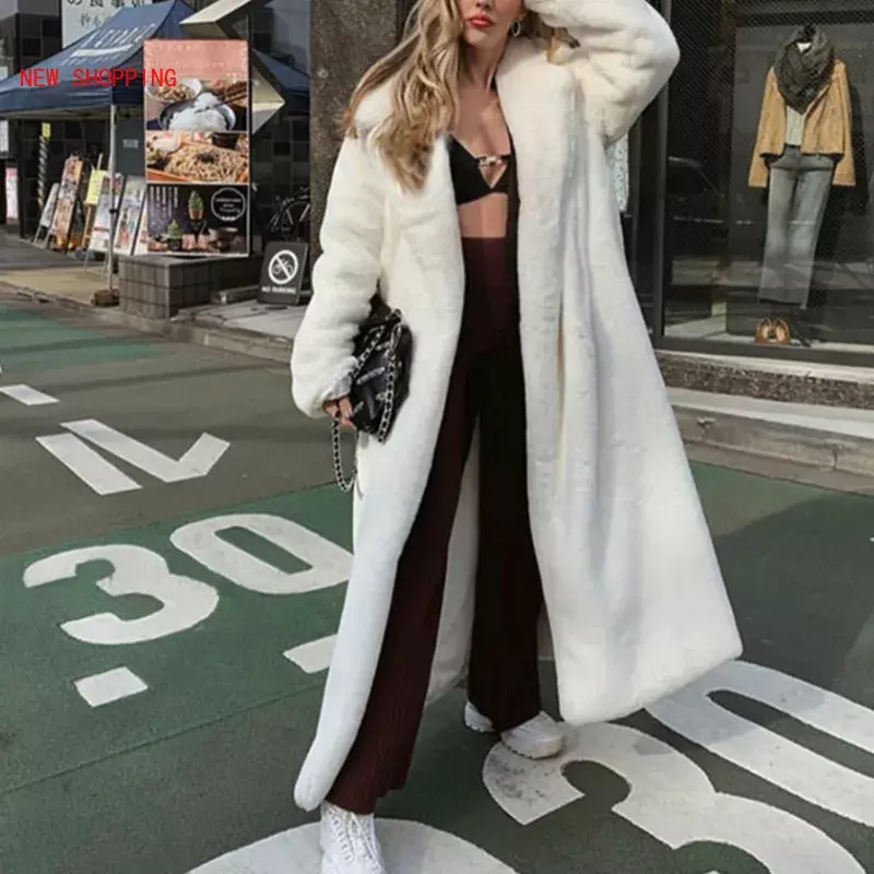 Elegant Long Shaggy Trench Women Furry Jackets Fluffy Artificial Fur Coat 2024 Winter Homewear White Teddy Coats Faux Fur Jacket