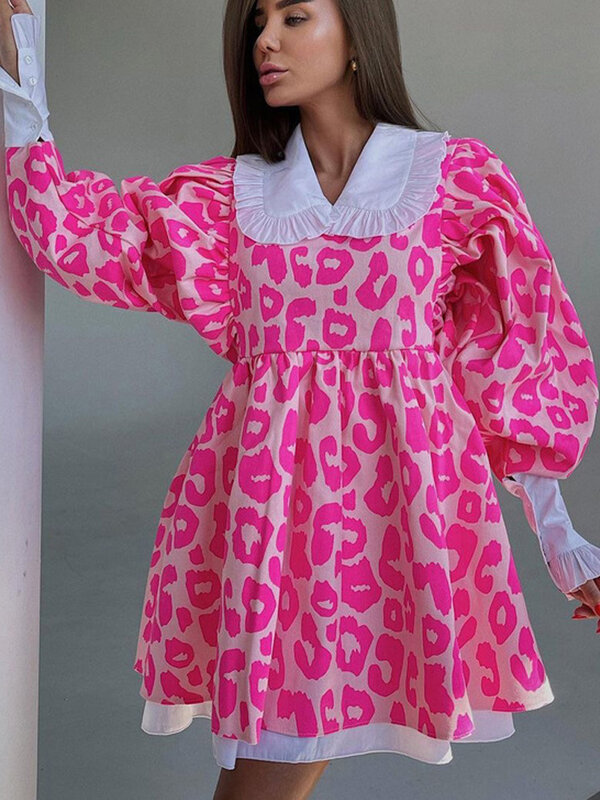 韓国-パフスリーブのドレス,婦人服,かわいいピンク,ヒョウ柄,長袖,ラインA,カジュアル,人形の襟,2022