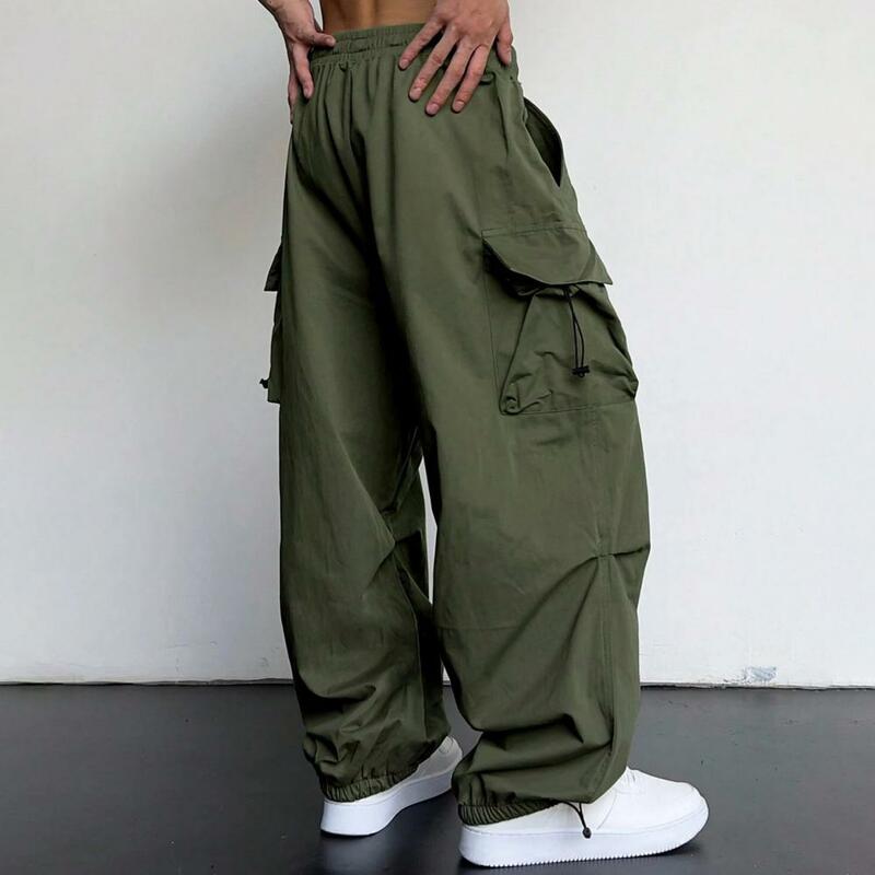 Calças de cintura elástica para homens, calças de cintura alta com virilha, design multi bolso, cor sólida extragrande