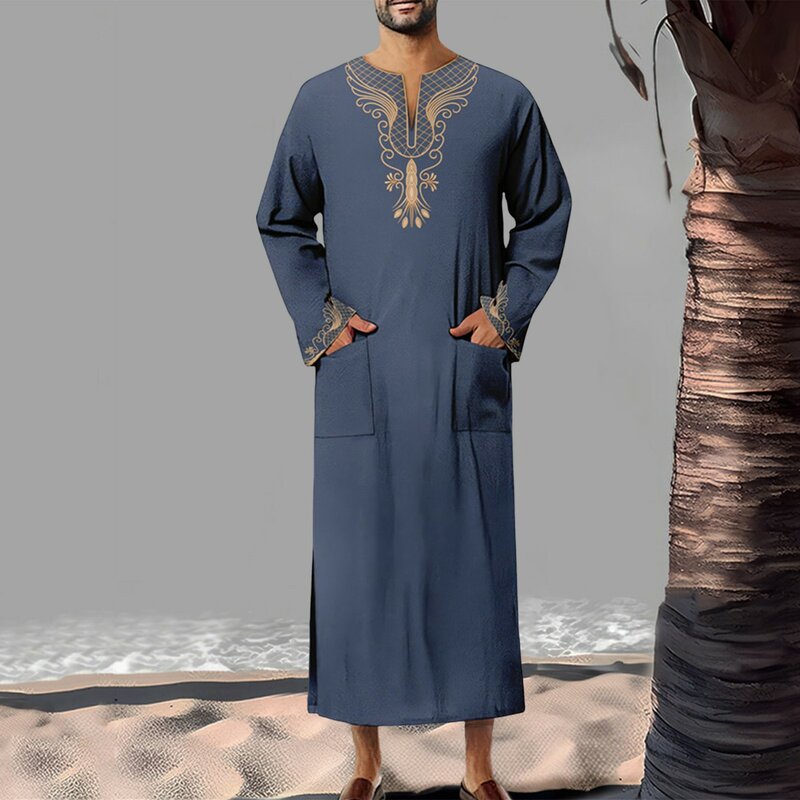 Arabic Islamic Mens Robe Muslim Embroidered Long Sleeve Abaya Ramadan 2024 Clothes Casual Loose Moroccan Caftan Jubba Thobe