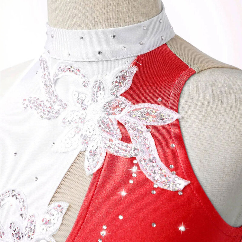 Gaun seluncur es anak perempuan payet gambar rhinone Floral Ballet senam senam pakaian tari kompetisi baju performa