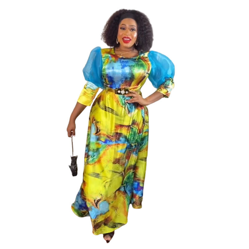 2023 afrykański nadruk sukienki dla kobiet jesień elegancka afrykańska pół rękaw z okrągłym dekoltem poliestrowa suknia ślubna Maxi afrykańskie ubrania
