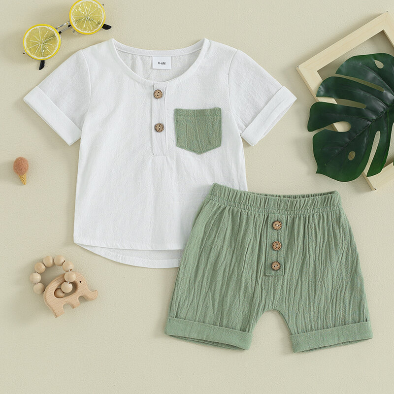 VISgogo-Baby Boys Clothes Set, camiseta de manga curta com calções de cintura elástica, cor contraste, roupa verão, 2pcs