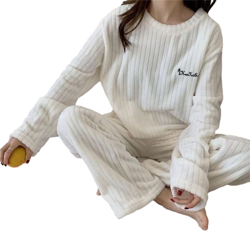 Conjuntos pijamas femininos outono manga comprida tops e calças lã pijama outono N7YF