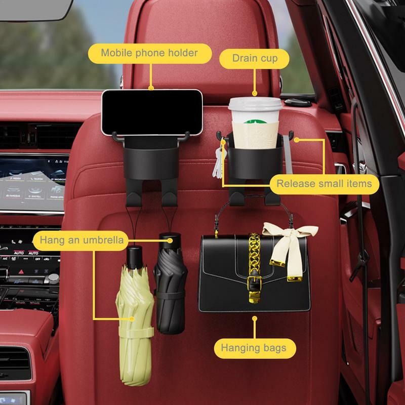 Encosto de cabeça durável ganchos para carro, porta-bolsa multifuncional com porta-copos, ganchos para sacos, acessórios para carro, organizador para sacos de garrafa