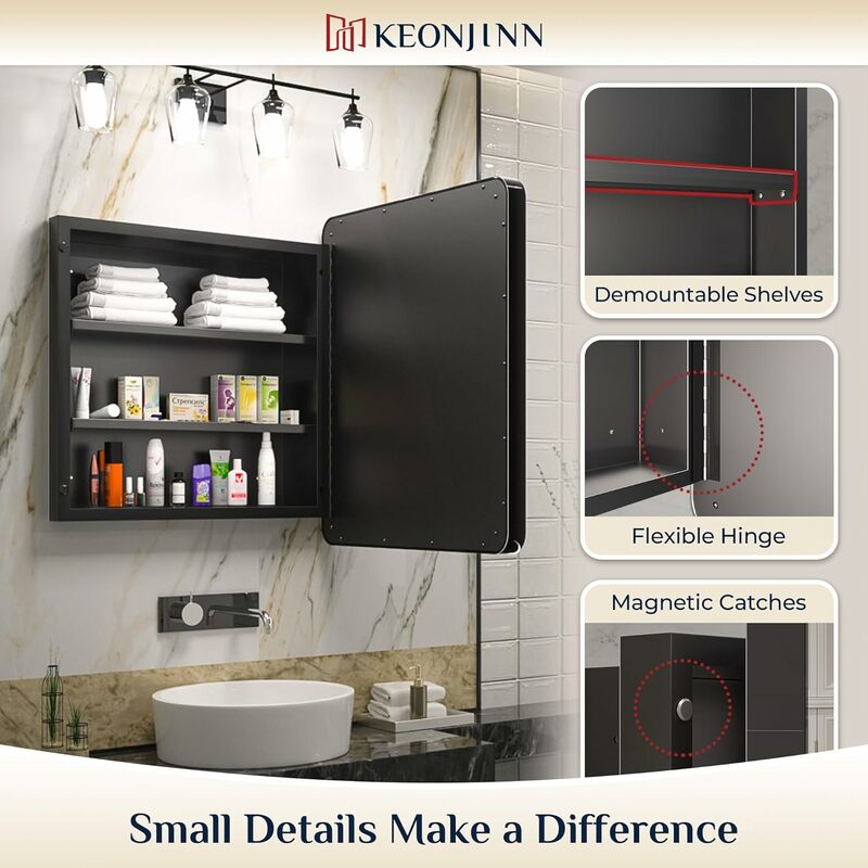 Keonjinn ตู้ยาสีดำขนาด16X24นิ้วสำหรับห้องน้ำพร้อมกระจกสแตนเลสกรอบโค้งมนสี่เหลี่ยมประตูเดียว