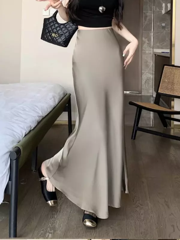 Летняя атласная юбка 2024, Женская длинная шелковая юбка с завышенной талией, модная облегающая Корейская однотонная Юбка-миди цвета шампанского черного цвета для женщин