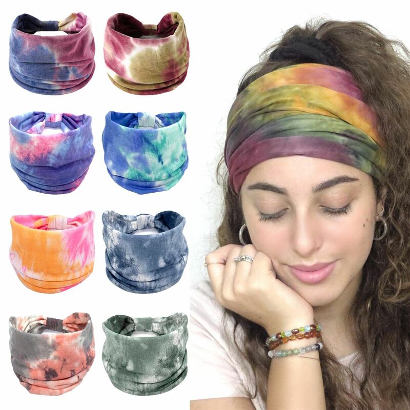 2024Tie Dye fasce annodate larghe per le donne Vintage turbante Headwrap ragazze fasce per capelli accessori bandane elastiche foulard