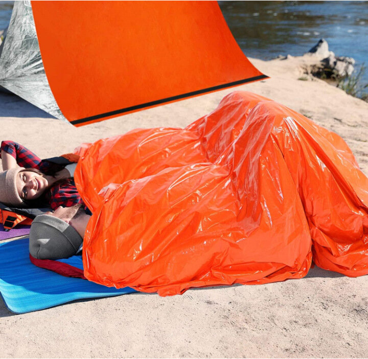 ถุงนอนเครื่องมือฉุกเฉินขนาด210*90ซม. ผ้าห่มฉนวนกันความร้อนสีส้มฟิล์มพีอีอลูมิไนซ์แคมป์ปิ้งฉุกเฉินถุงนอนเดี่ยว