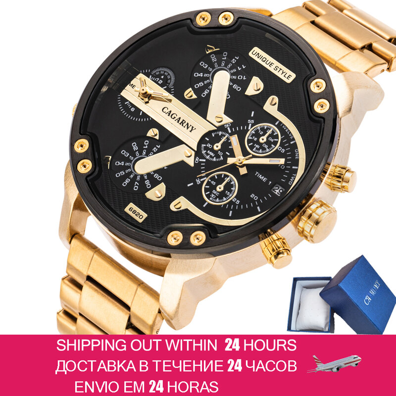 Coole große Gehäuse Herren uhren Top-Marke Luxus Cagarny Dual Display Militär Reloj Hombre Gold Stahl Quarzuhr Männer Uhr