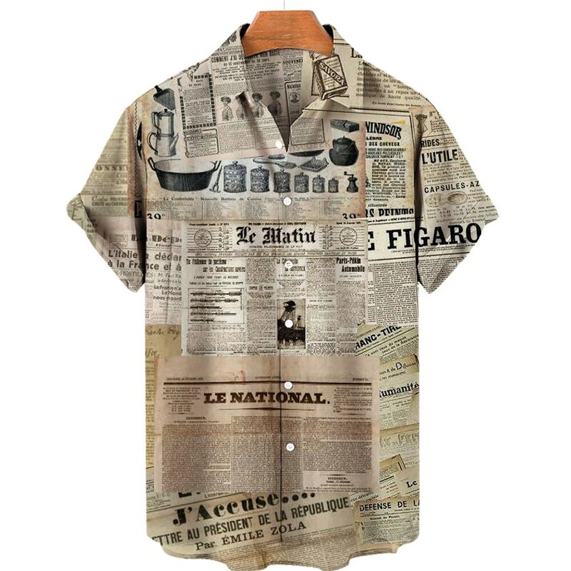 Camisa hawaiana de manga corta para hombre y mujer, camisa con estampado 3D Vintage, papeles de noticias, moda de gran tamaño, playa, Verano