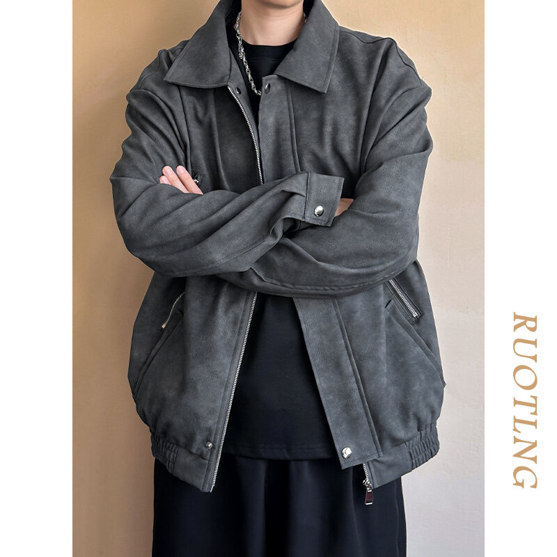 Giacca in pelle di lusso da uomo, stile moto retrò, cappotto allentato personalizzato giacca da uomo moda coreana street abbigliamento