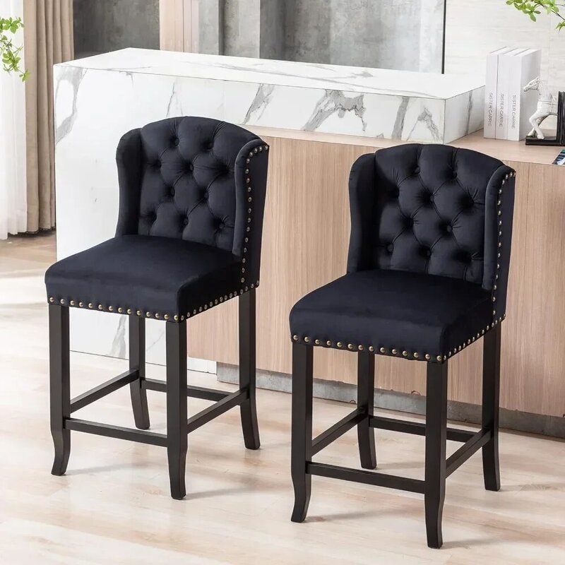 Bar Stools Set of 2, 26" Counter Height with Back, Velvet and Modern Tufted Barstools Kitchen Island with Wood Legs, Bars Chair