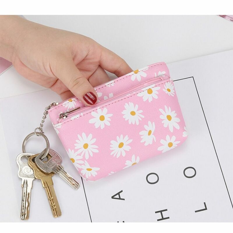 محفظة PU Daisy قصيرة محمولة للنساء ، حقيبة عملات معدنية ، سلسلة مفاتيح ، حامل بطاقات ، فتيات ، سحاب