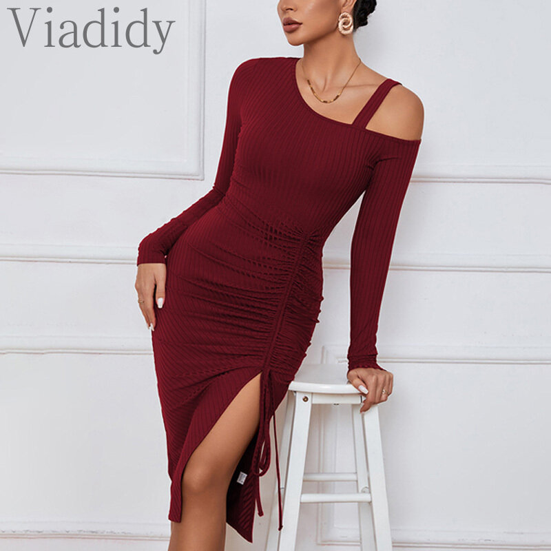 Women Casual Solid Color Long Sleeve Cut-out Shoulder Bodycorn Knitted Dress