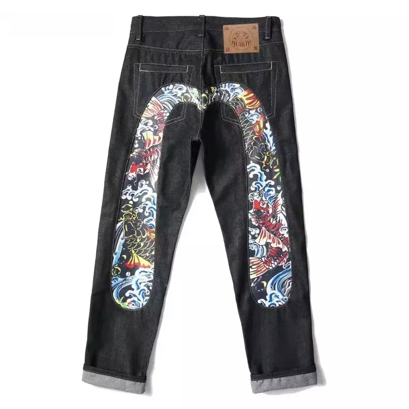 Jeans de rua alta masculino com estampa Graffiti, calça hip hop, calça reta justa, perna larga, marca da moda europeia e americana