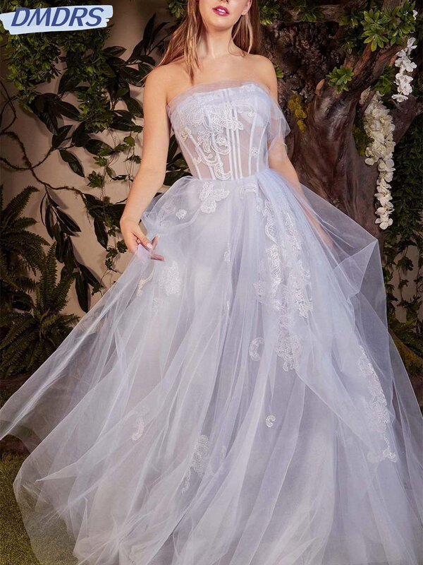 Elegant Tulle A-Line Prom Dress 2024 Simple Sleeveless Evening Dresses Charming Strapless Floor Length Gowns Vestidos De Novia