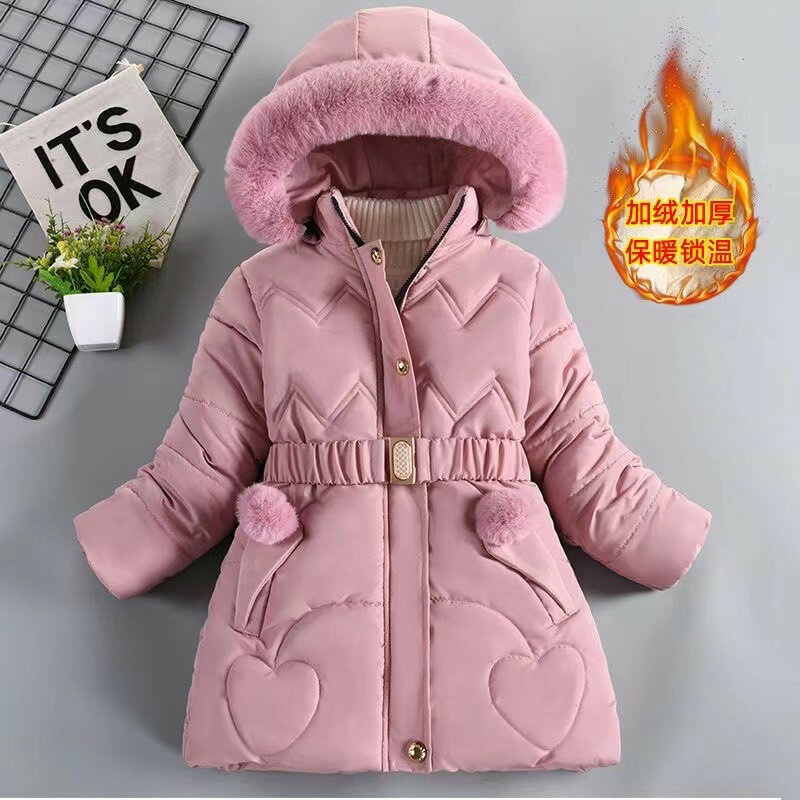 Jaket bertudung hangat anak-anak, pakaian luar putri kerah bulu tebal musim dingin 3 4 5 6 8 10 tahun 2794
