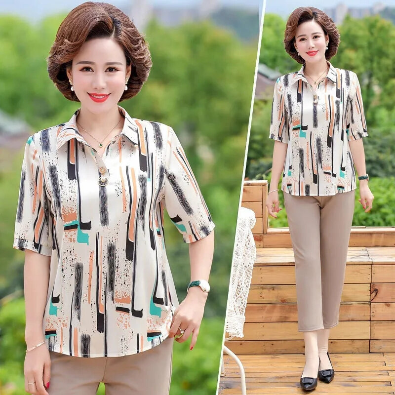 Middle Aged Elderly Women's Blouse Short Sleeved Printed Shirts Spring Summer Mothers Fashion Printed Top And Pants Sets 2PCS
