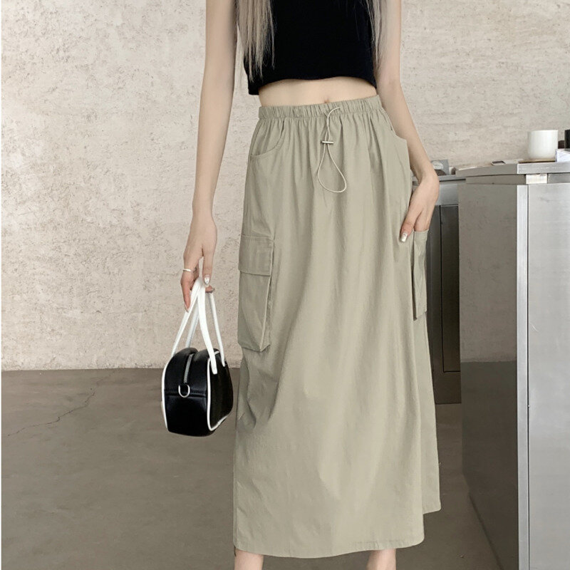 New Skirts Vintage High Waist Elastic Fashion Temperament All-Match Casual Streetwear Elegant Straight Chic A-line Skirt