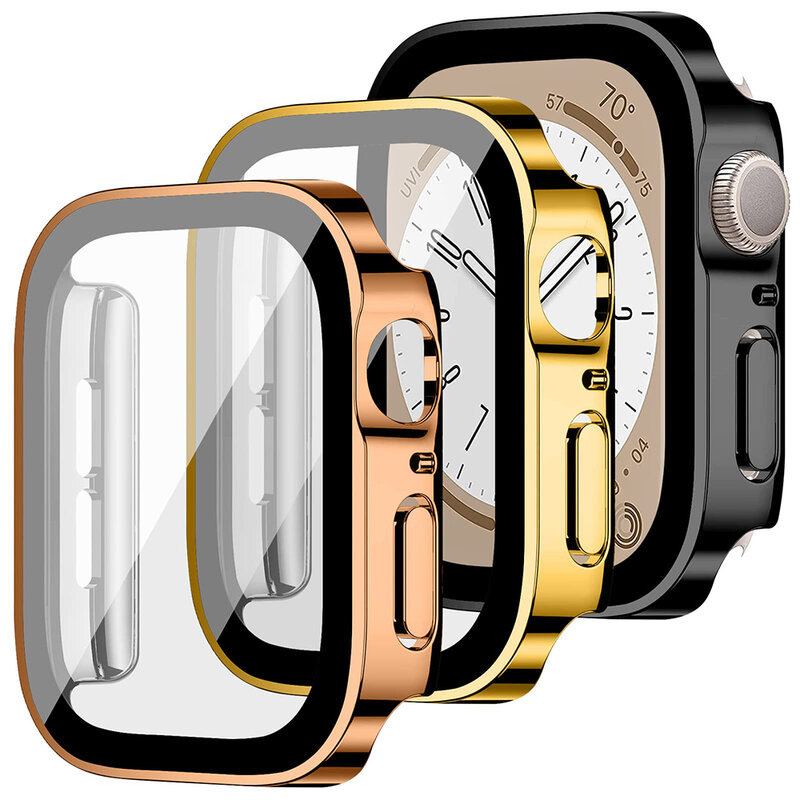 เคสกระจก + ฝาครอบสำหรับ Apple Watch Series 8 7 6 5 4 SE 44มม. 45มม. 41มม. 40มม. พีซีอุปกรณ์ป้องกันหน้าจอกันน้ำอุปกรณ์เสริมสำหรับ Apple Watch