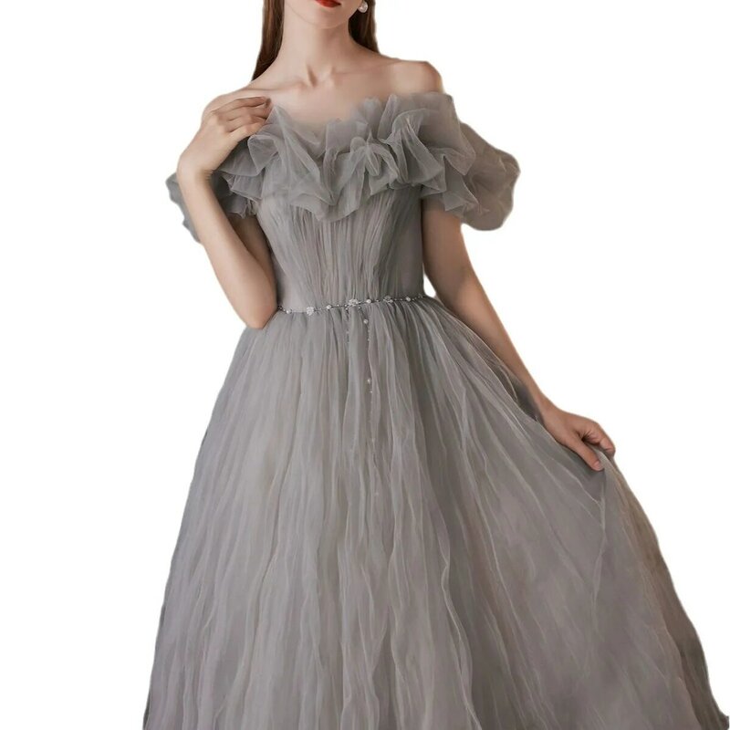 Grey Evening dress 2024 new line shoulder fairy temperament engagement design sense student art exam evening dress female