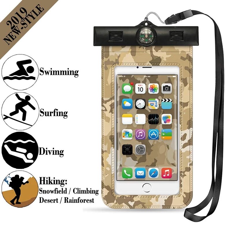 Étui étanche IPX8 pour téléphone portable, sac de natation avec bras à boussole, sac sec de Camouflage pour plongée sous-marine