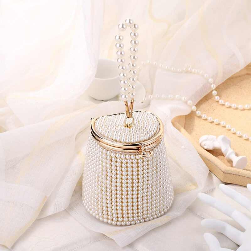 New Bucket Design Women Evening Bags Beading Holder Day Clutch Pearl Wedding Bridal Handbags for Party Small Purse Women Bag