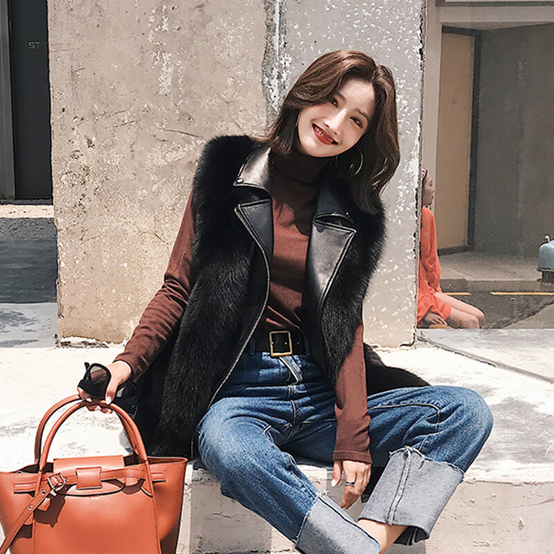 2023 New Winter Fall Women Faux Fur Vest PU Patched Contrast Color Turn Down Neck coreano Fashion Girls cappotto senza maniche