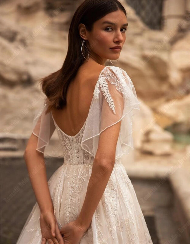 Tulle Short Sleeves Wedding Dresses Sweetheart Collar Bridal Gowns Elegant  A-line Fluffy Hems Mopping Length Vestidos De Novias