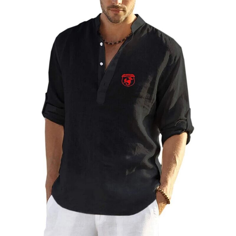 2024 Men's Abarth Casual Blouse Cotton Linen Shirt Loose Long Sleeve Spring Autumn Casual Breathable V-neck Button Tops