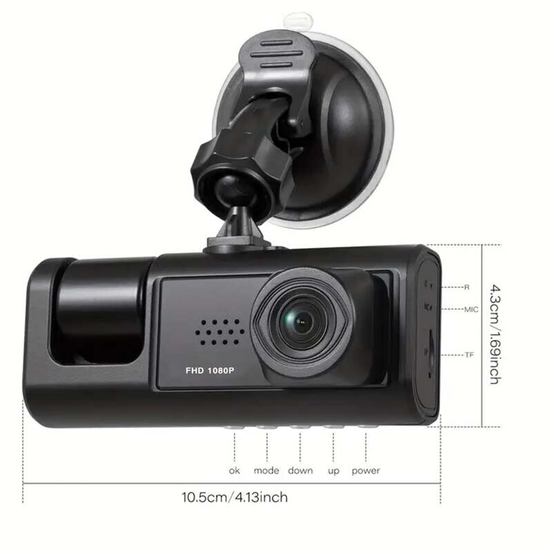 Traço Cam com IR Night Vision Gravação Loop, 2 "Tela IPS, 1080P, 3 Câmera
