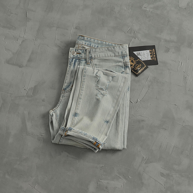 Светильник эластичные повседневные джинсы для мужчин, ностальгические Тонкие Прямые рваные джинсовые брюки, трендовые