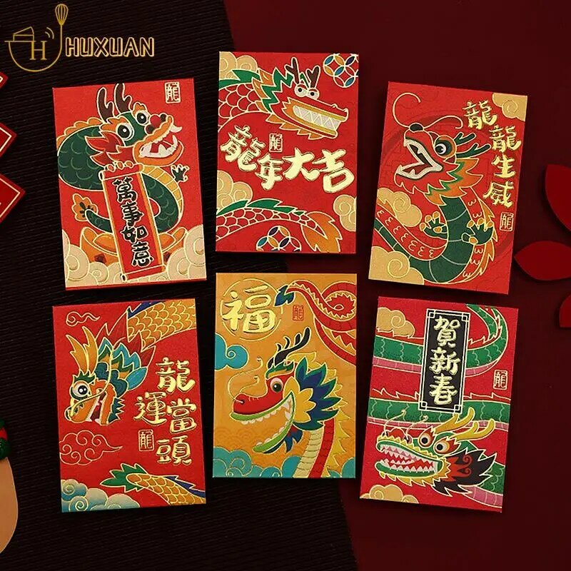 6 pezzi capodanno cinese fortunato busta rossa drago anno 2024 regali tasca per soldi pacchetto rosso forniture per il nuovo anno