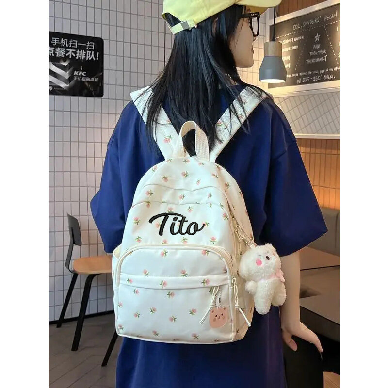 Floral Backpack Personalised Embroidery Name Kawaii Girls Casual Daypack Ladies Rucksack Unique Gift for Young Ladies Handbags