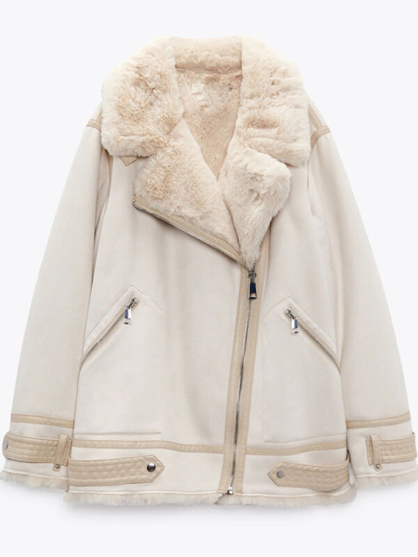 FTLZZ-abrigo grueso y cálido de piel de conejo para mujer, chaqueta de gamuza de piel sintética, con cremallera y solapa, ropa holgada para motocicleta, Invierno