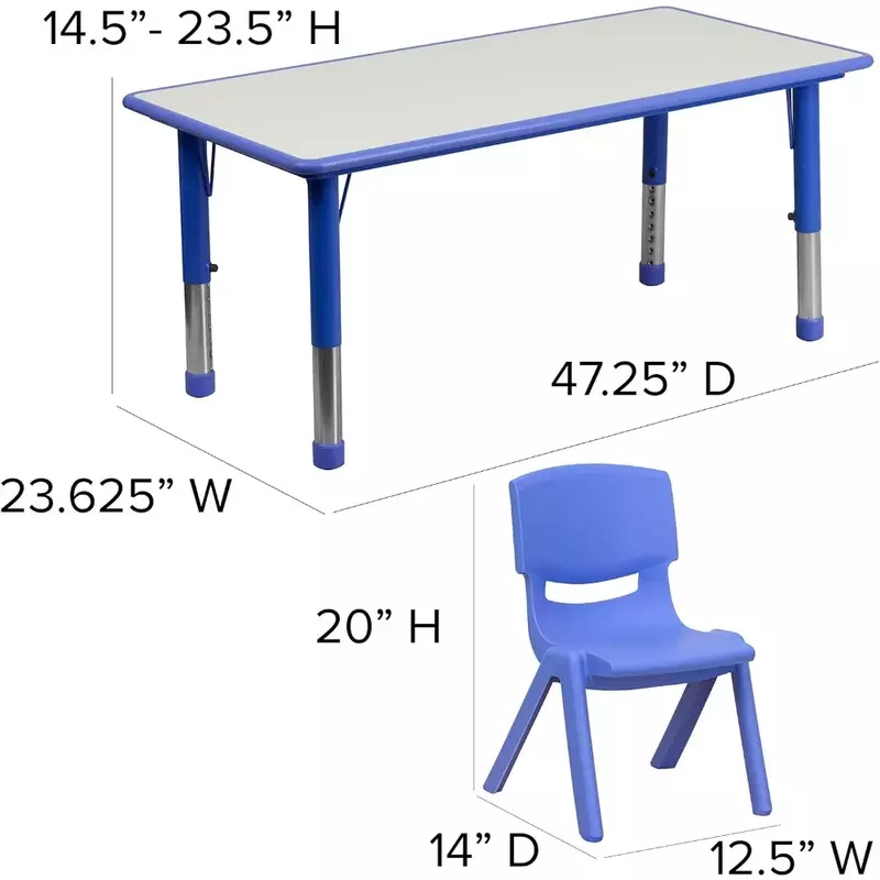 長方形のプラスチック製の高さ調節可能なアクティビティテーブルセット,赤ちゃんの椅子,送料無料,青,23.625 ''w x 47.25' l