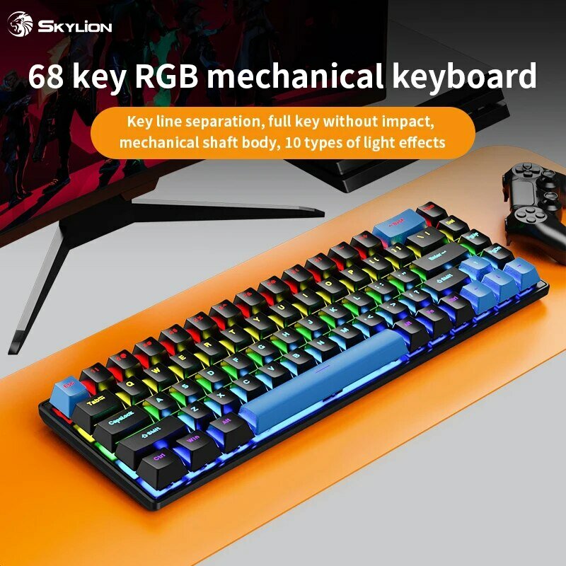 SKYLION K68 Keyboard Mekanikal berkabel, 10 jenis lampu warna-warni untuk game dan kantor untuk sistem IOS Microsoft Windows dan Apple
