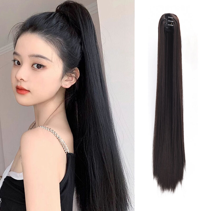 Synthetic claw clip ponytail hair  long straight claw clip ponytail heat resistant natural wave for women black hairpiece