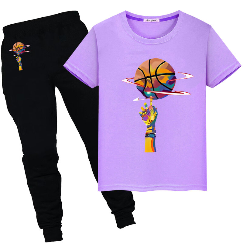 Kaus katun 100% motif bola basket, t-shirt katun musim panas imut, atasan olahraga y2k + celana, pakaian hadiah Hari Anak laki-laki dan perempuan