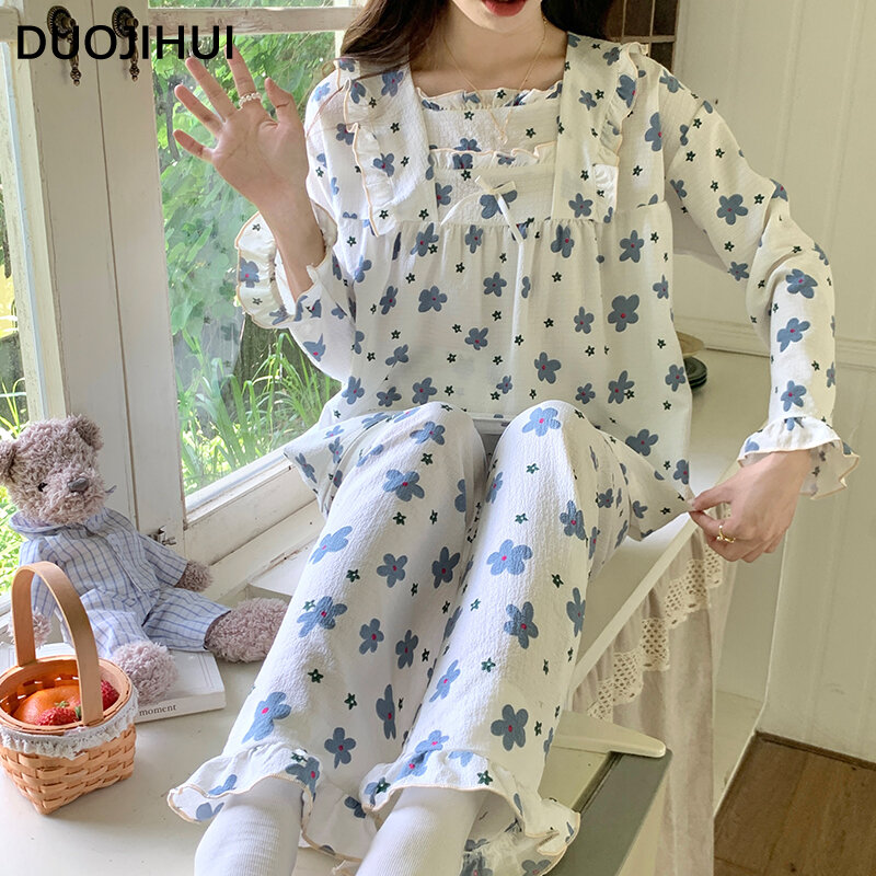 DUOJIHUI Two Piece Fashion Floral Printing Autumn Pajamas for Women New Sweet Ruffles Chic Bow Loose 8-colors Female Pajamas Set