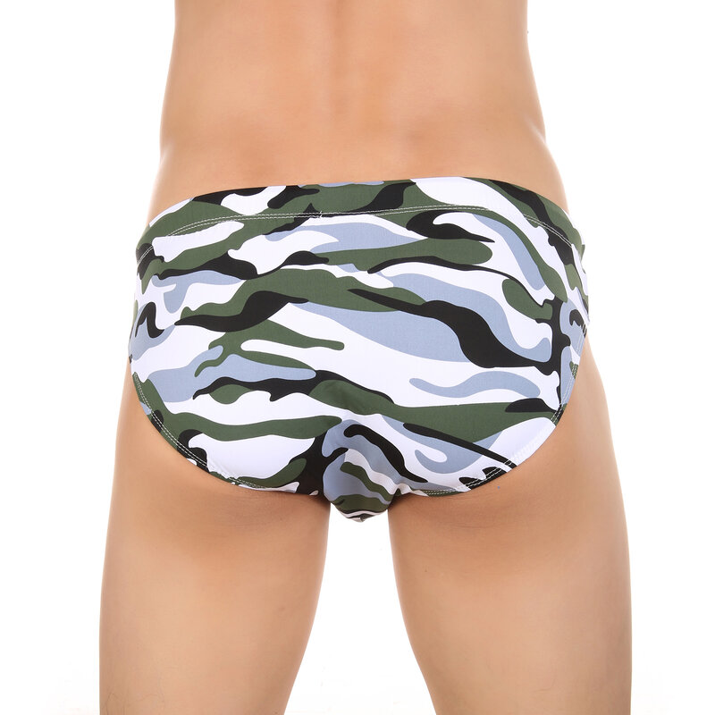 Push Up Pad ชุดว่ายน้ำชายชุดว่ายน้ำเซ็กซี่ Camouflage ว่ายน้ำกระเป๋ากางเกงถ้วยต่ำเอวชุดว่ายน้ำชุดว่ายน้ำ Quick Dry Beachwear