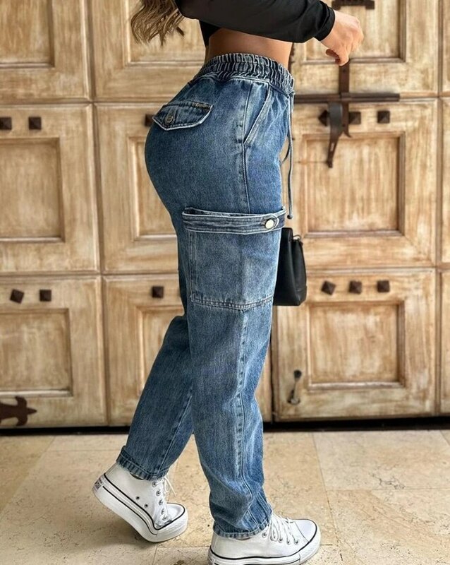 Detalhes casuais versáteis com renda jeans feminino, design de bolso com cordão, costela, venda quente, nova moda, 2023