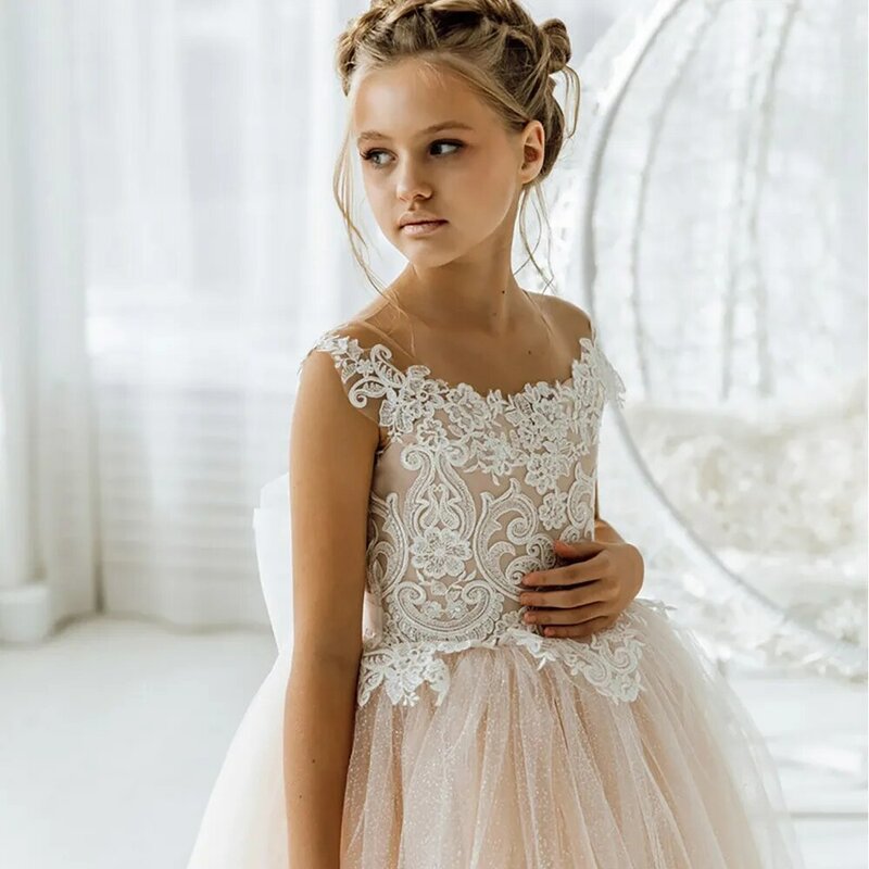 2024 Lace Tulle Backless Flower Girl Dresses Girl Dress Wedding Vintage Junior Bridesmaid Ball Gown First Communion 4 To 8 Years