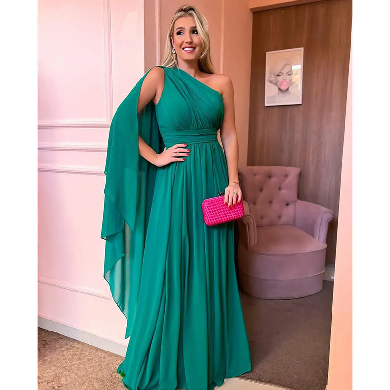 Elegant Long Green Pleated Evening Dresses A-Line One Shoulder Floor Length Prom Dresses for Women Vestidos De Fiesta