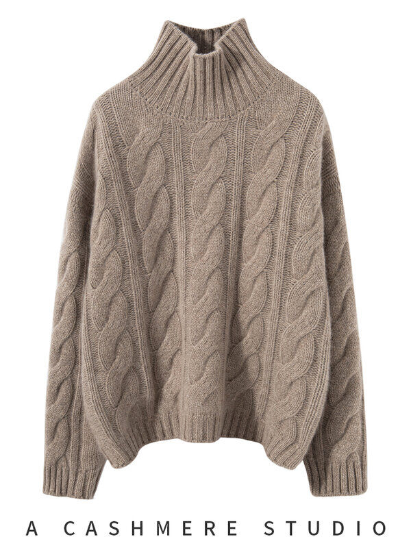 Pulôver feminino de gola alta pura de caxemira, suéter feminino de malha, manga comprida, flor torcida, pano grosso, outono, inverno, novo