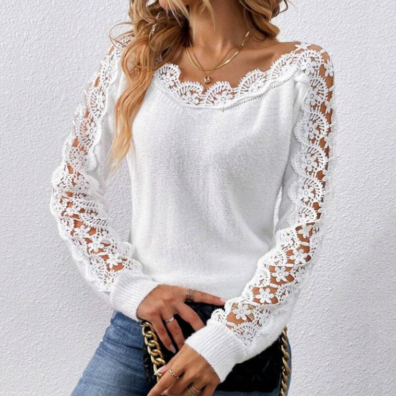 Women T-Shirts Hollow Out Lace Decor Pullover Tops O-neck Long Sleeve Hollow Splicing T-shirt Loose Fit Knitting Tops Blusas