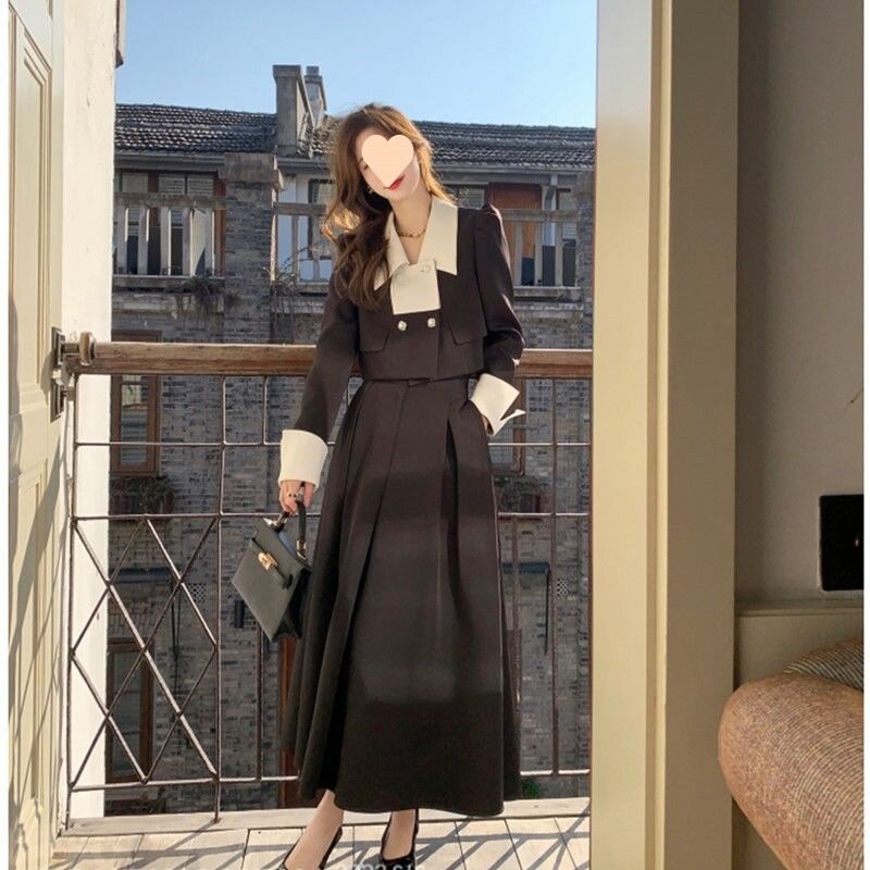 Осень 2024, элегантный комплект из 2 предметов, женский тонкий винтажный женский офисный костюм, корейский костюм с коротким топом с длинным рукавом и повседневной юбкой миди