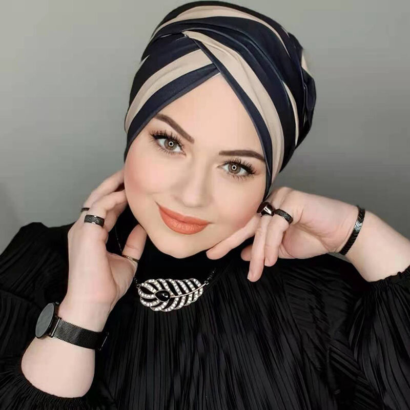 Abaya-Turban noir perlé pour femmes musulmanes, hijab en jersey, écharpe de tête, sous-casquette