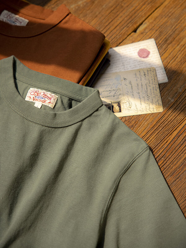 Amekaji – t-shirt col ras du cou en coton pour homme, couleur unie, Tornado rouge, 270g